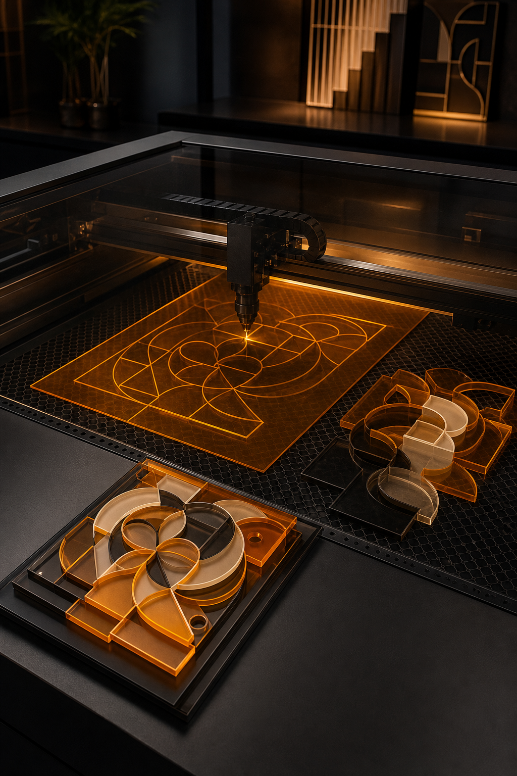 Precisie-lasercutting van geometrische vormen uit amberkleurig acryl