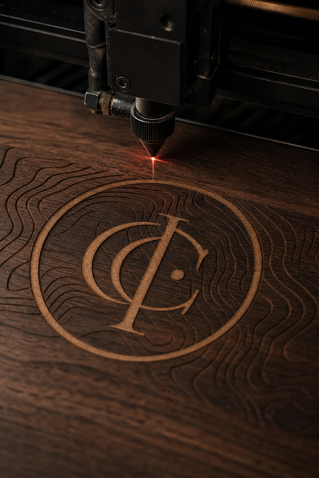Laser die een fijn persoonlijk patroon in donker walnoothout graveert