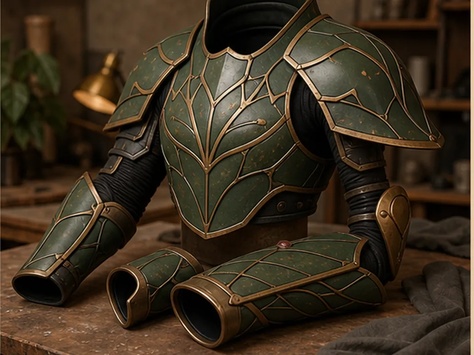 Originele modulaire groene cosplay-armorset met bladnerfdetails op een werktafel