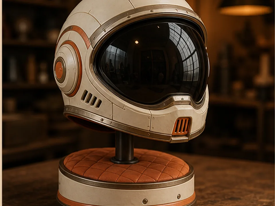 Originele retrofuturistische cosplayhelm op een gewatteerde displaystandaard