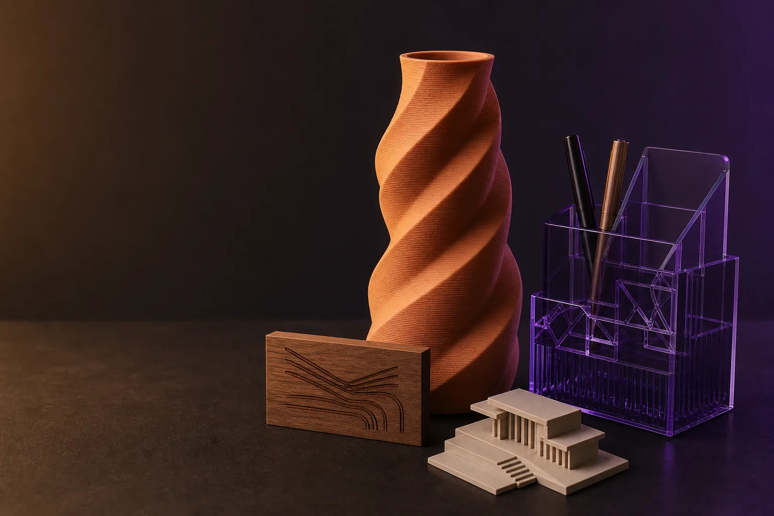 Een 3D-geprinte vaas, gegraveerd hout, lasersnijwerk in acryl en een architectuurmodel