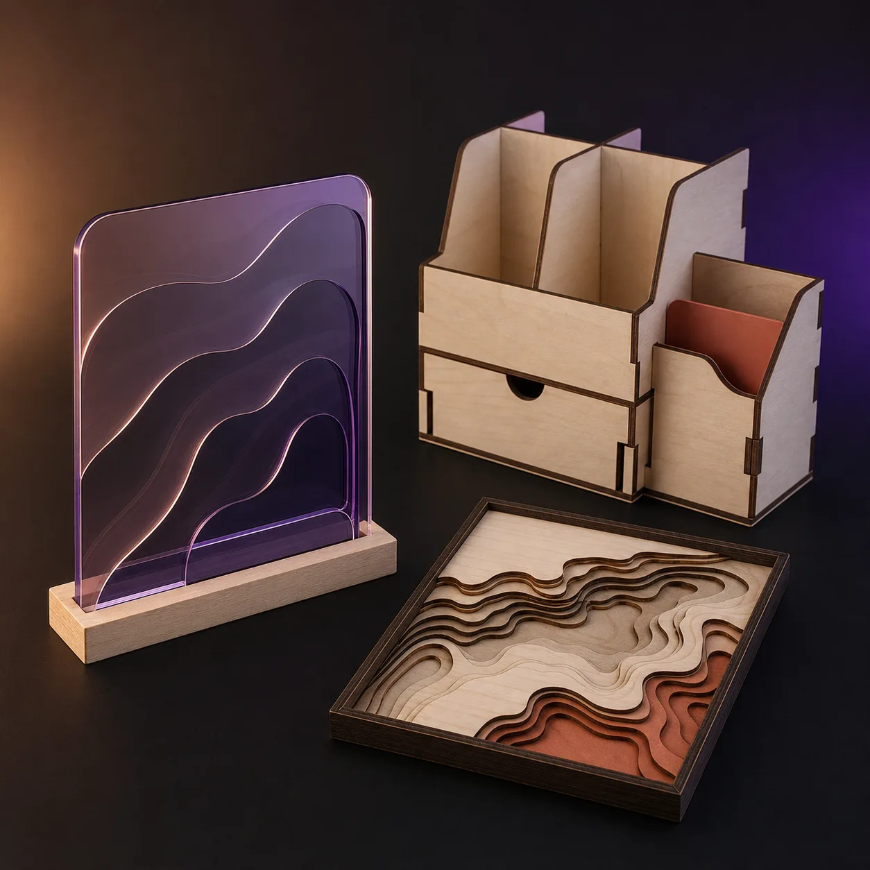 Lasergesneden objecten in hout en violet acryl