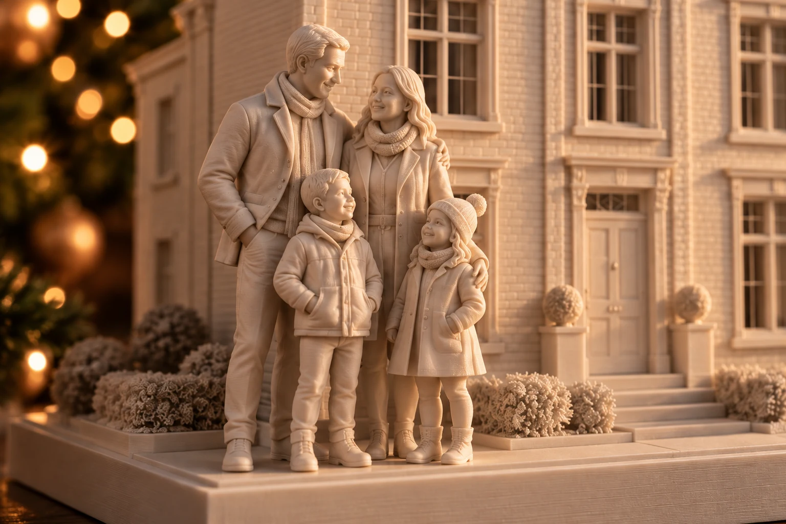 AI-conceptdetail van vier persoonlijke miniatuurfiguren, met de woning op de achtergrond
