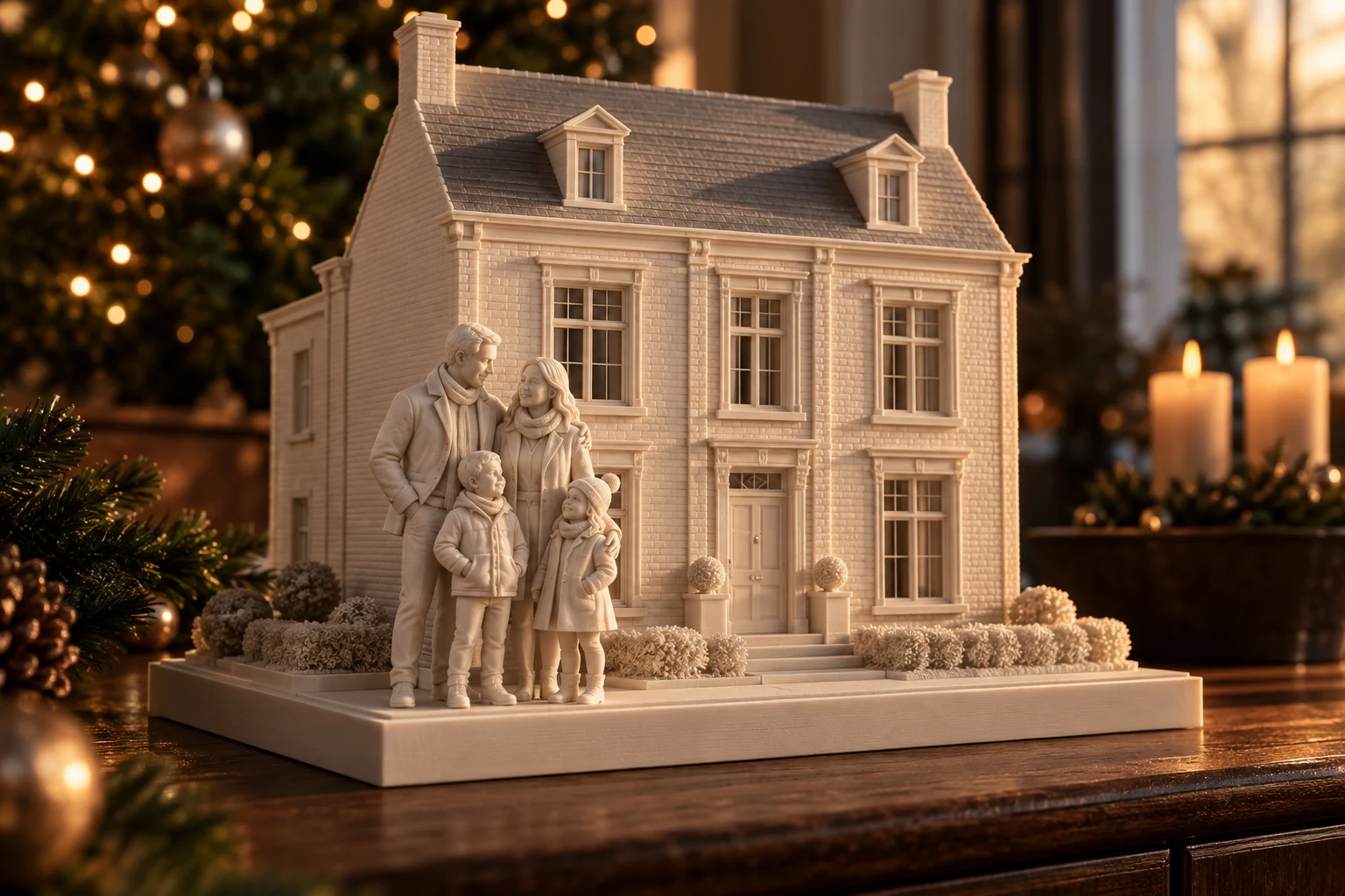 AI-concept van een imposante persoonlijke kerststal: een ivoorkleurige villa en vier gezinsfiguren in warm kerstlicht