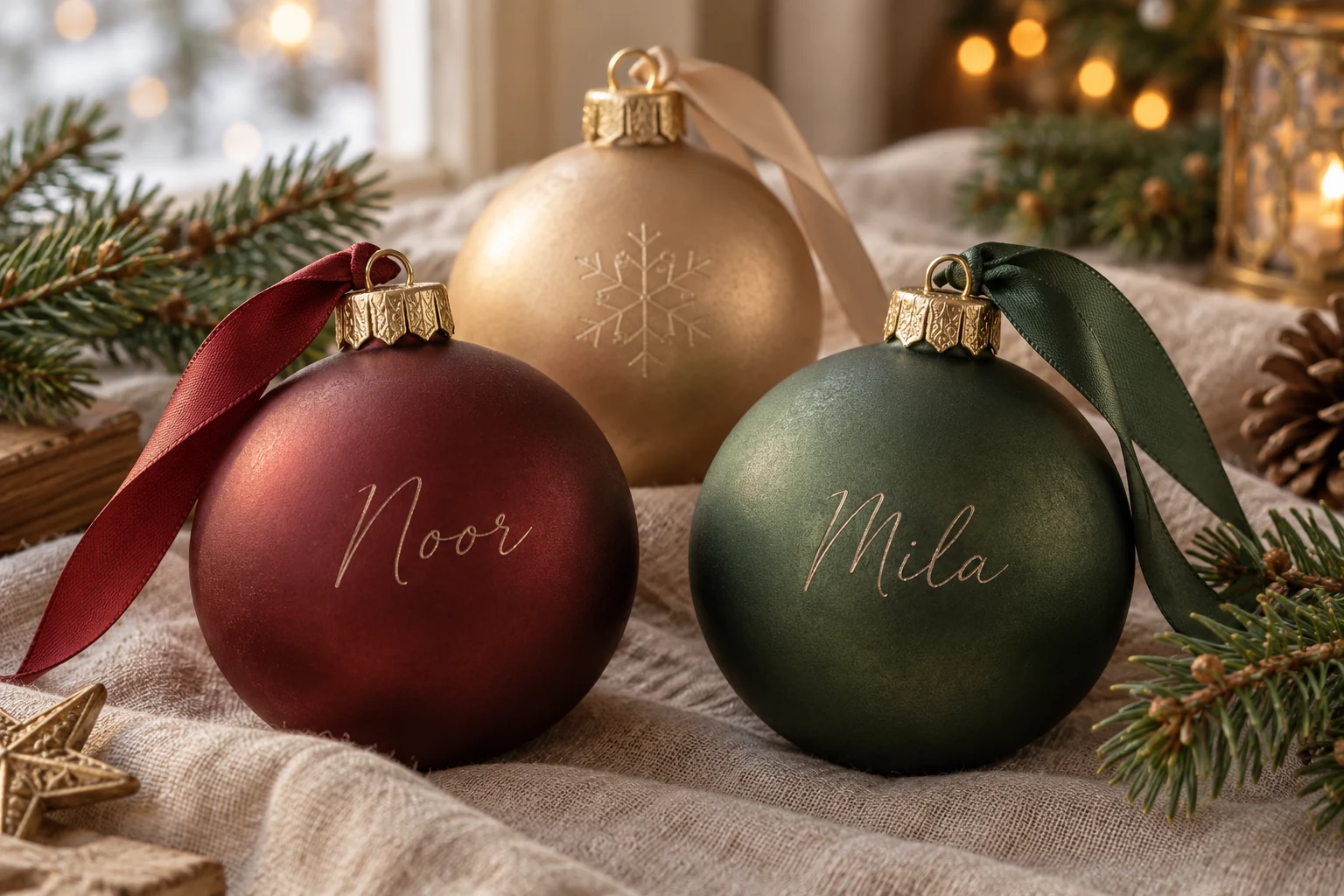 Ontwerpimpressie van bordeauxrode, groene en goudkleurige kerstballen met de namen Noor en Mila en een sneeuwvlok