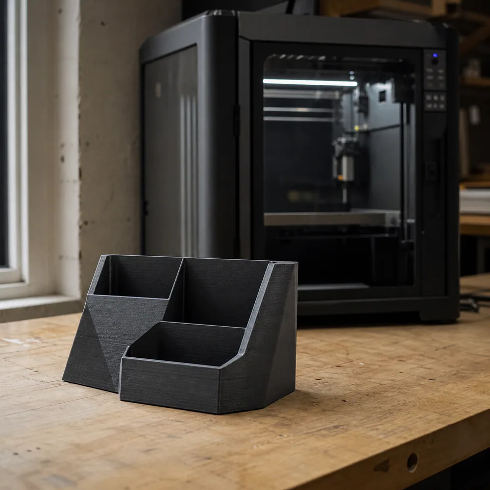 3D-geprinte bureau-organizer met zichtbare laaglijnen op een echte werkbank