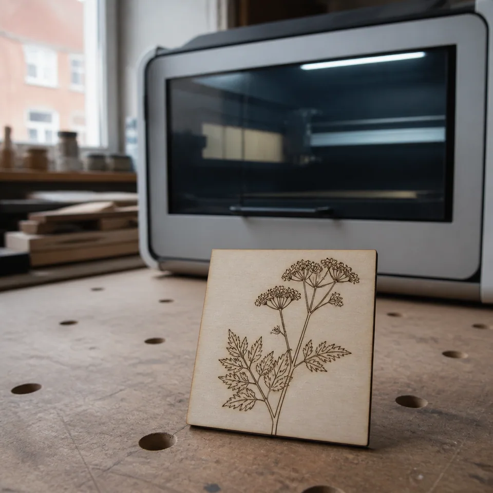 Botanische lasergravure in berkenhout op een echte werkbank